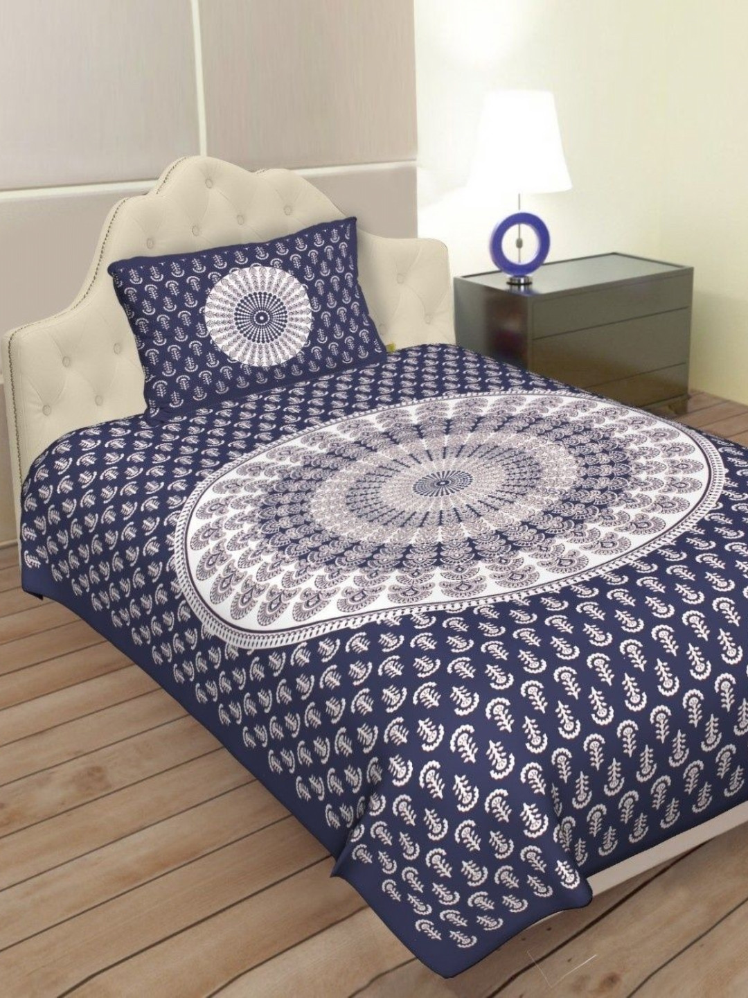 Salgia Premium Navy Blue Floral Cotton 210 TC Single Fine Bedsheet with a Pillow Cover-90 x 60 inches