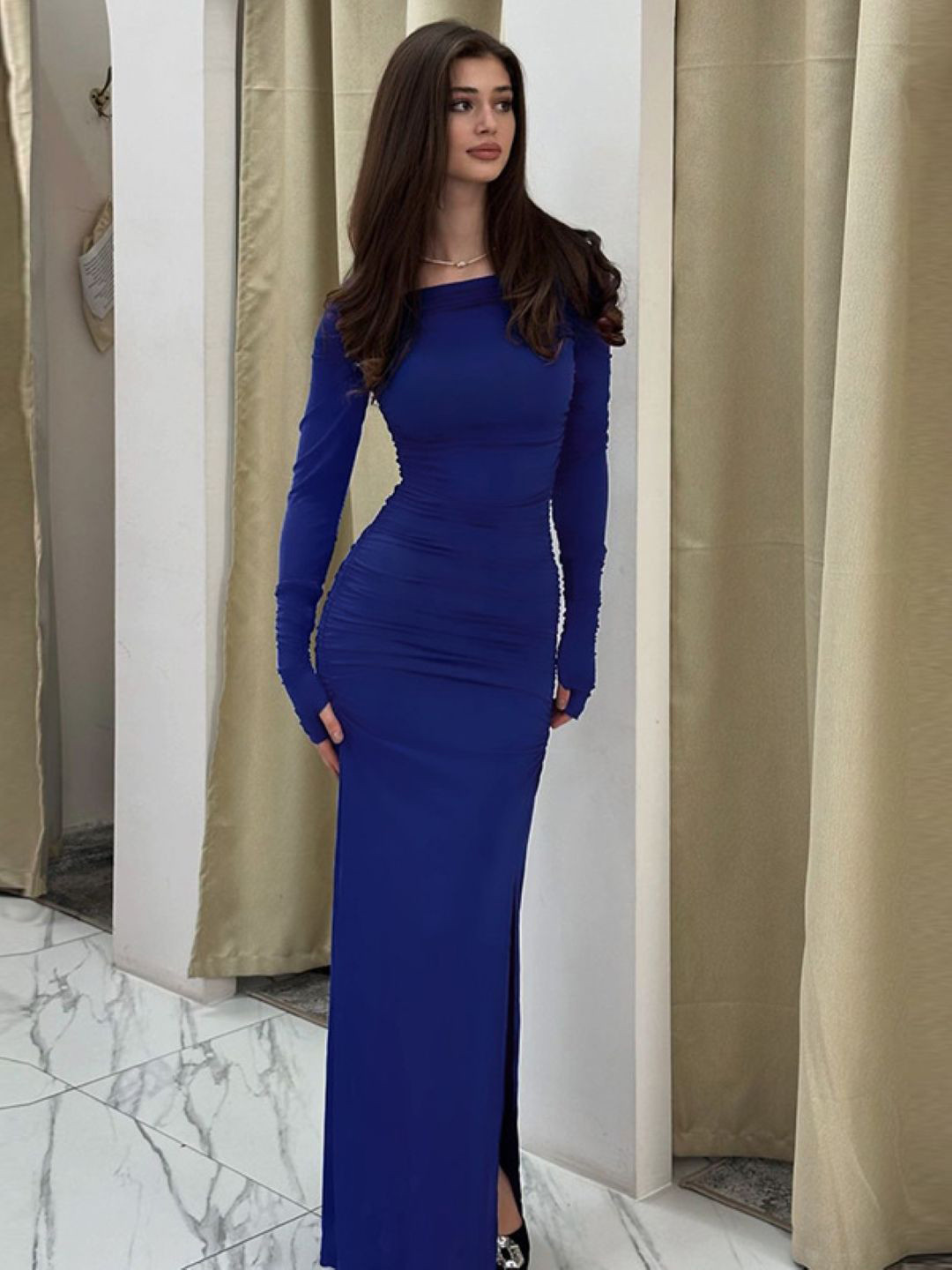 bebe Blue Boat Neck Full Sleeve Bodycon Maxi Dress