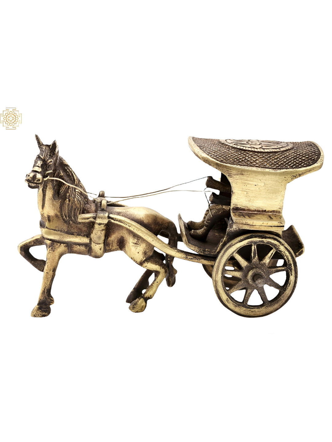 Exotic India Vintage Horse Cart Gold Brass Metallic Living Room Hand Made Tiny Showpiece - 3 Inches