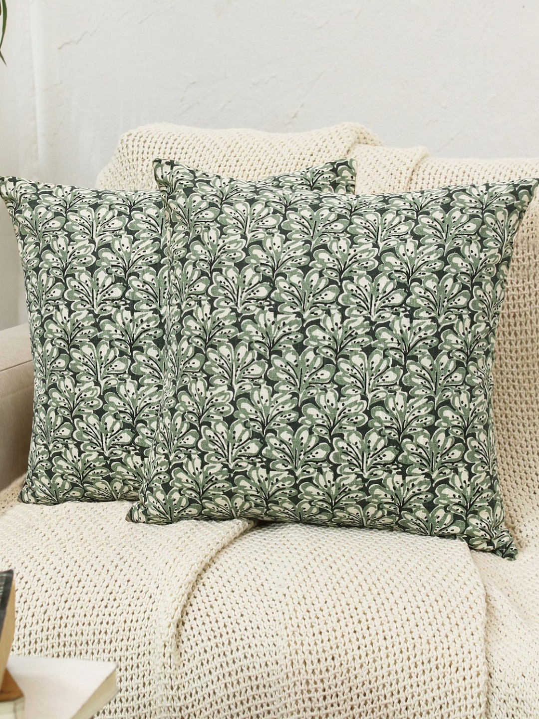 Kushadri Leafy Green Floral Cotton 2 Piece Square Cushion Covers -16x16In