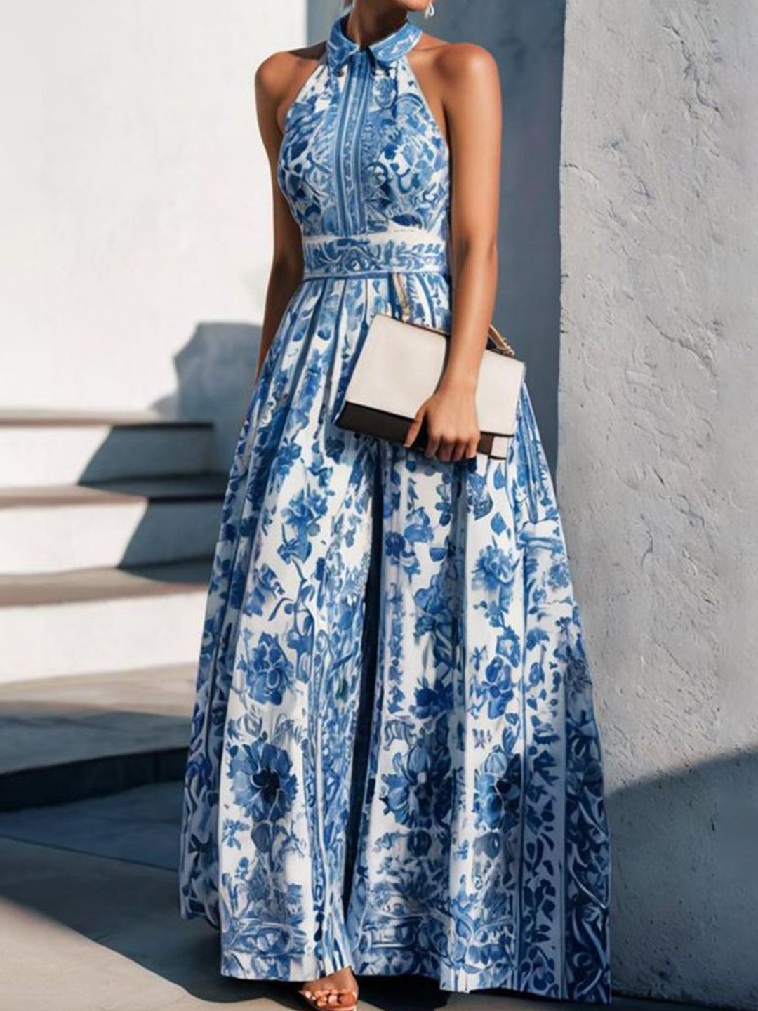 bebe Blue & White Floral Print Halter Neck Maxi Dress