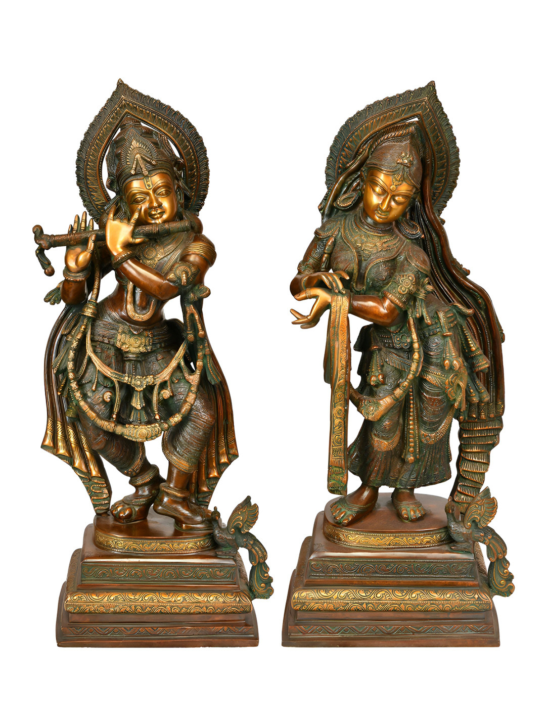 Exotic India Radha Krishna Brown Brass Metallic Prayer Room Hand Made Set of 2 Medium Showpieces - 25.9 Inches