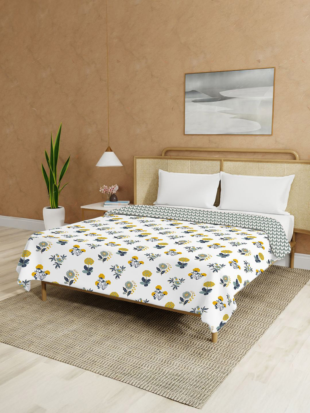 URBAN SPACE White & Blue Floral Printed Malmal Cotton 90 GSM AC Room Double Bed Dohar