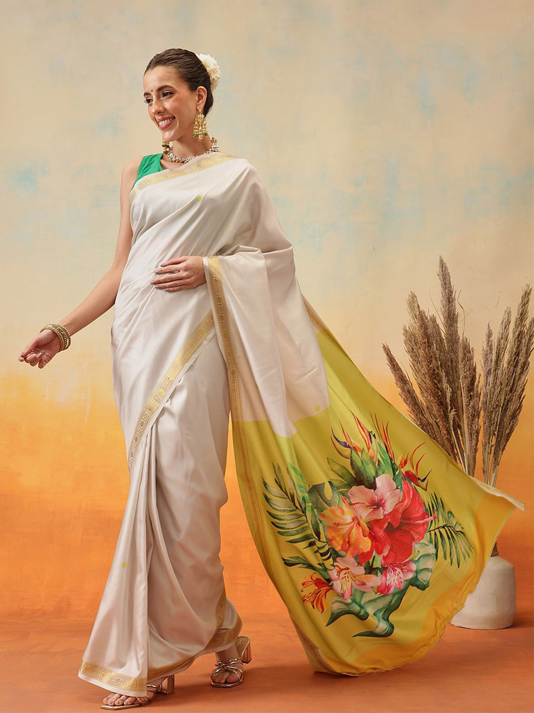 DIVASTRI Floral Zari Ready to Wear Kasavu Saree
