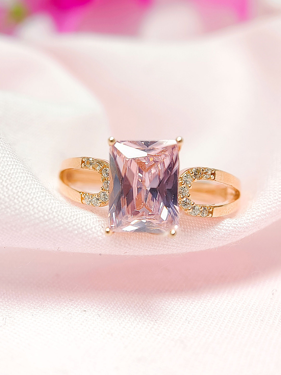 INARI SHINES 925 Silver Rose Gold-Plated CZ Studded Emerald Cut Engagement Finger Ring