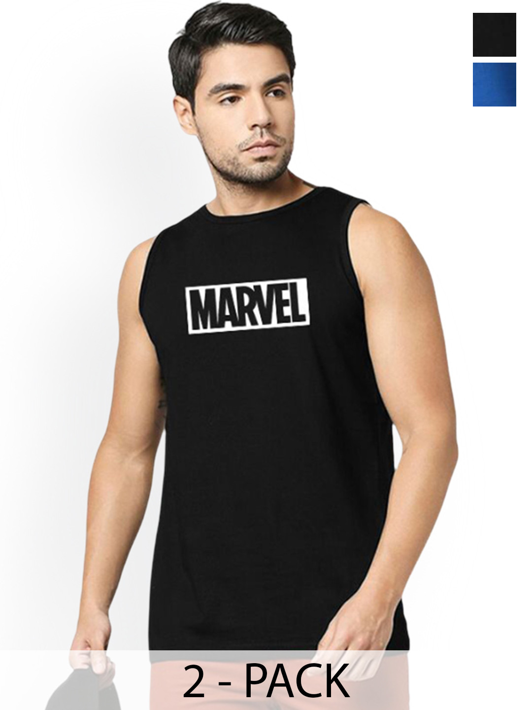 Organic Chics Pack Of 2 Printed Cotton Tank Vests Black Marvel - Royal Infinity_S