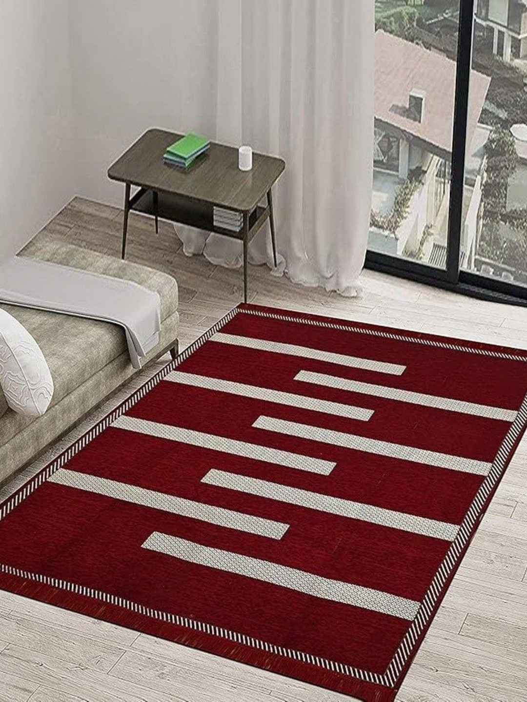 RADECOR Red  & White Geometric Printed Anti-Skid Carpet