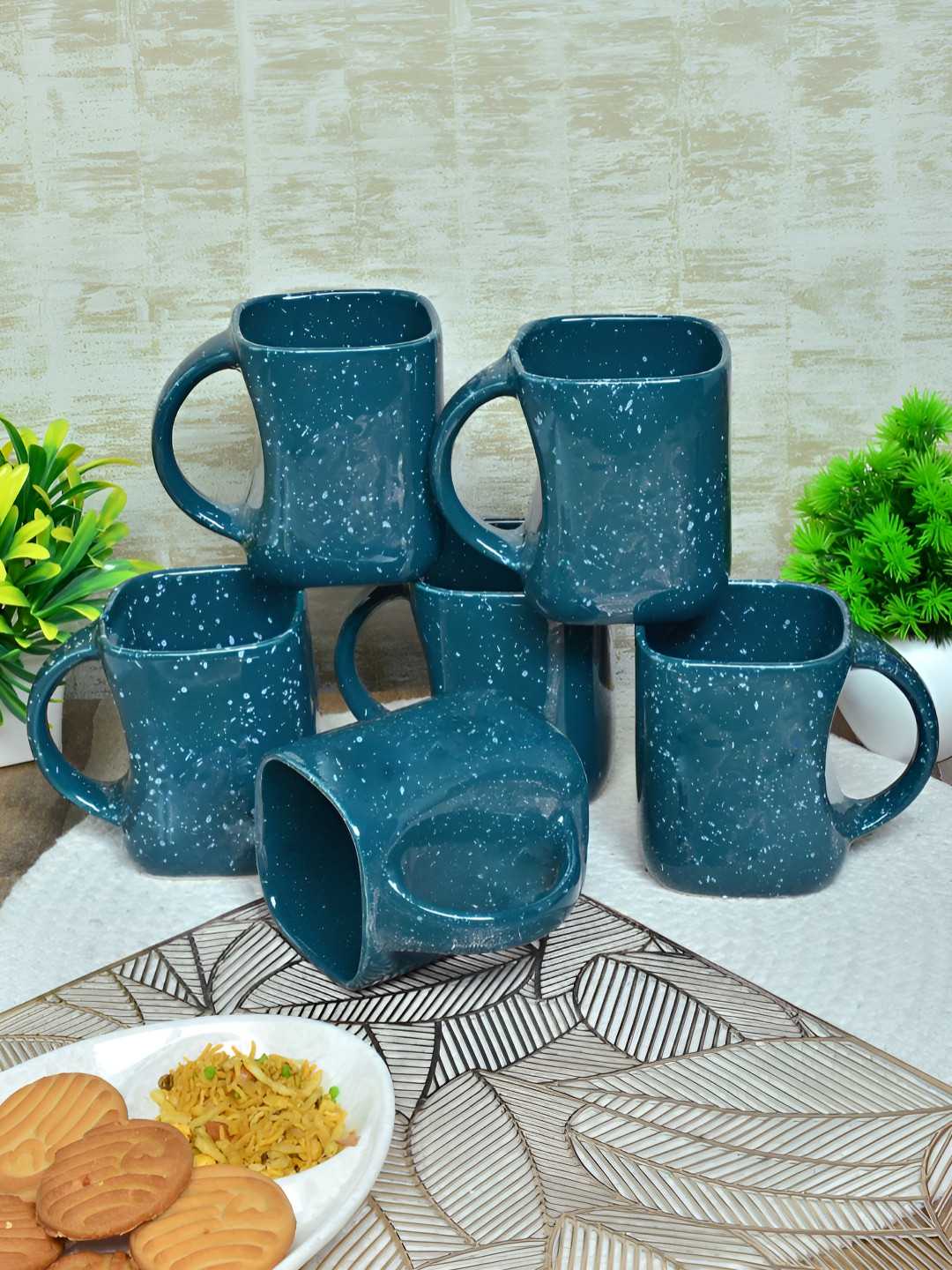 Myntra Elegant Homes Ram Piyari Blue Textured Ceramic Handcrafted 6 Piece Mugs-310ml