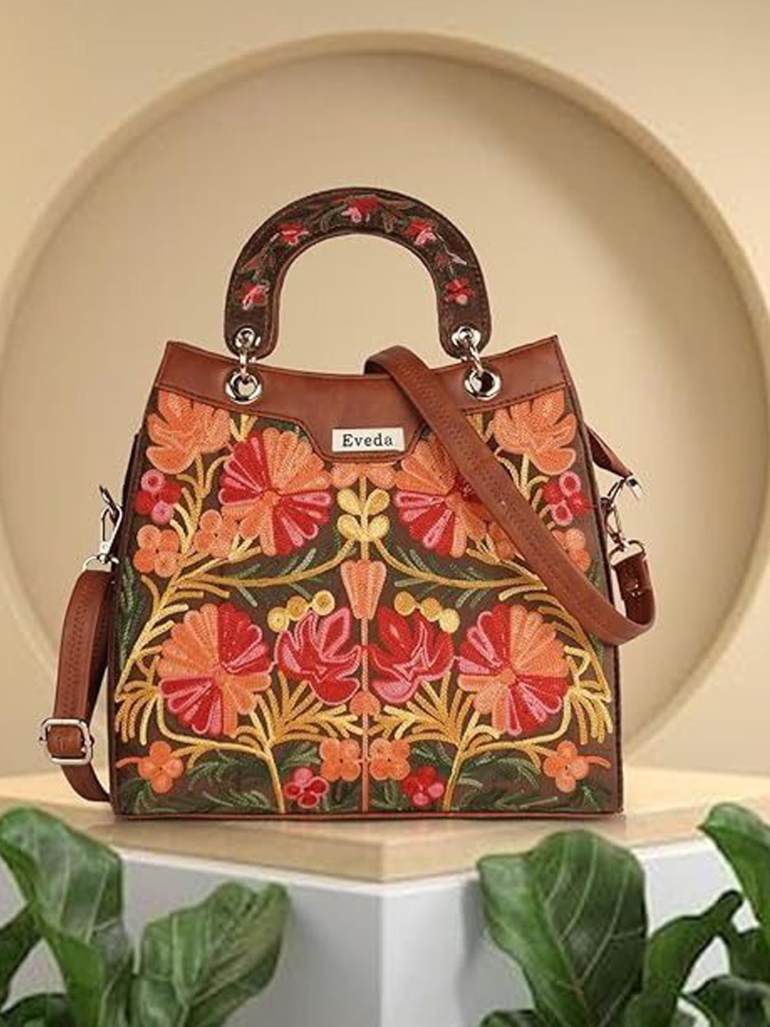 EVEDA Floral Embroidered Structured Satchel