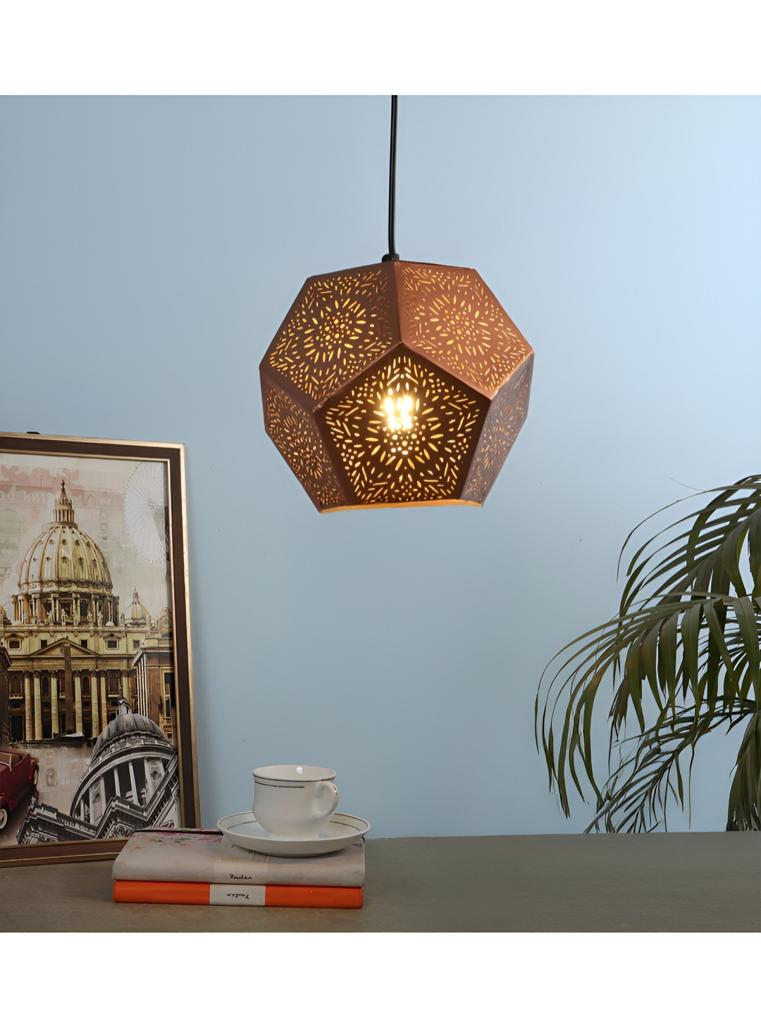 Two Moustaches Copper-Toned Textured Geometrical Shaped Metal Hanging Ceiling Lamp