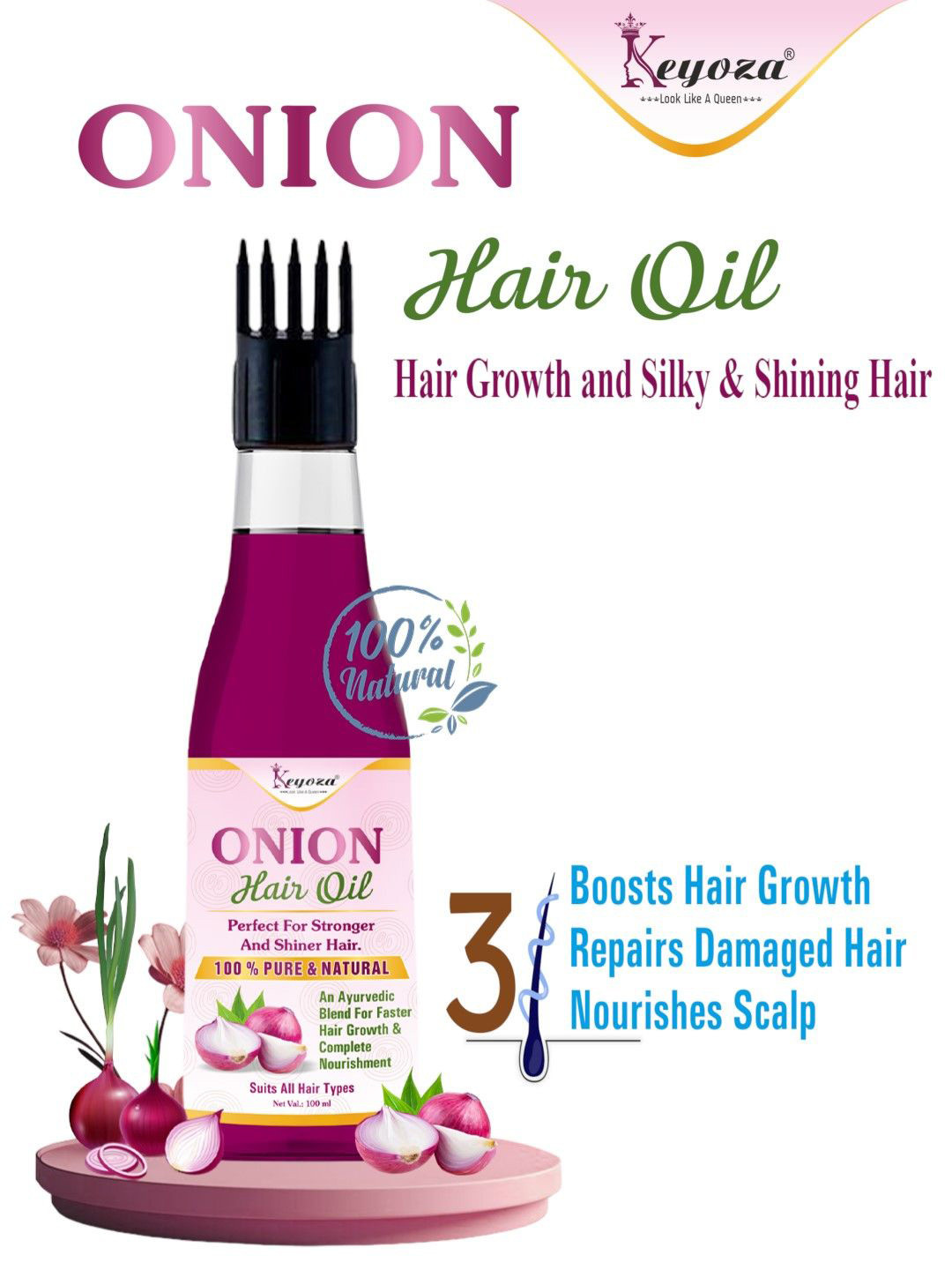 KEYOZA Onion Hair Oil With Jojoba For Stronger & Shiner Hair - 100 ml