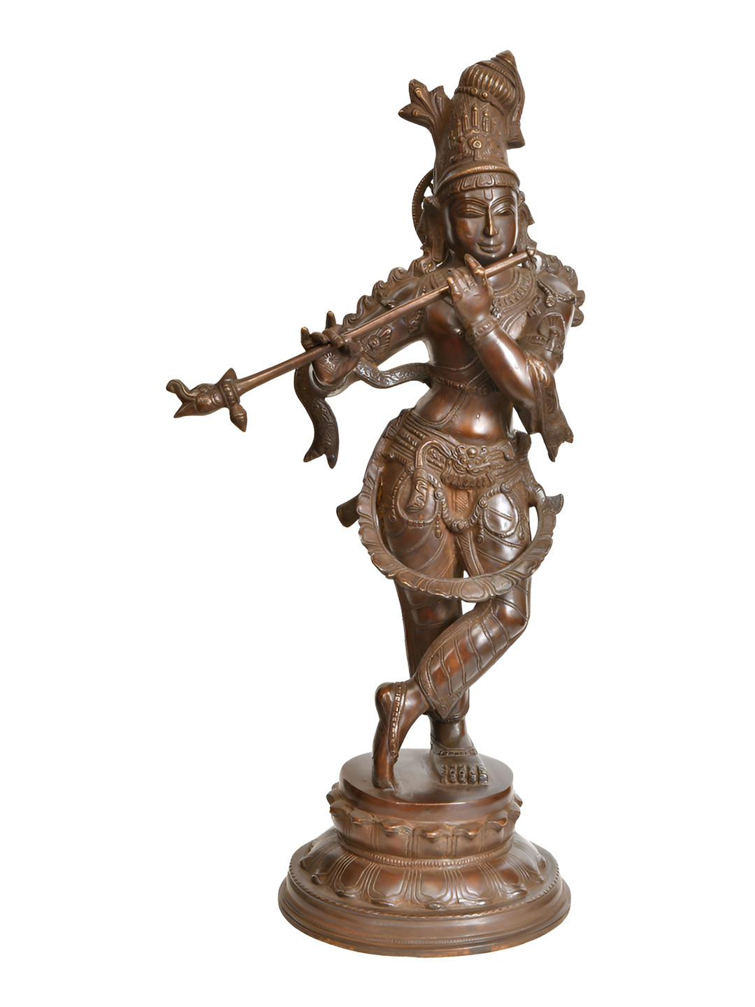 Exotic India Fluting Krishna Brown Brass Metallic Prayer Room Hand Made Large Showpiece - 22.2 Inches