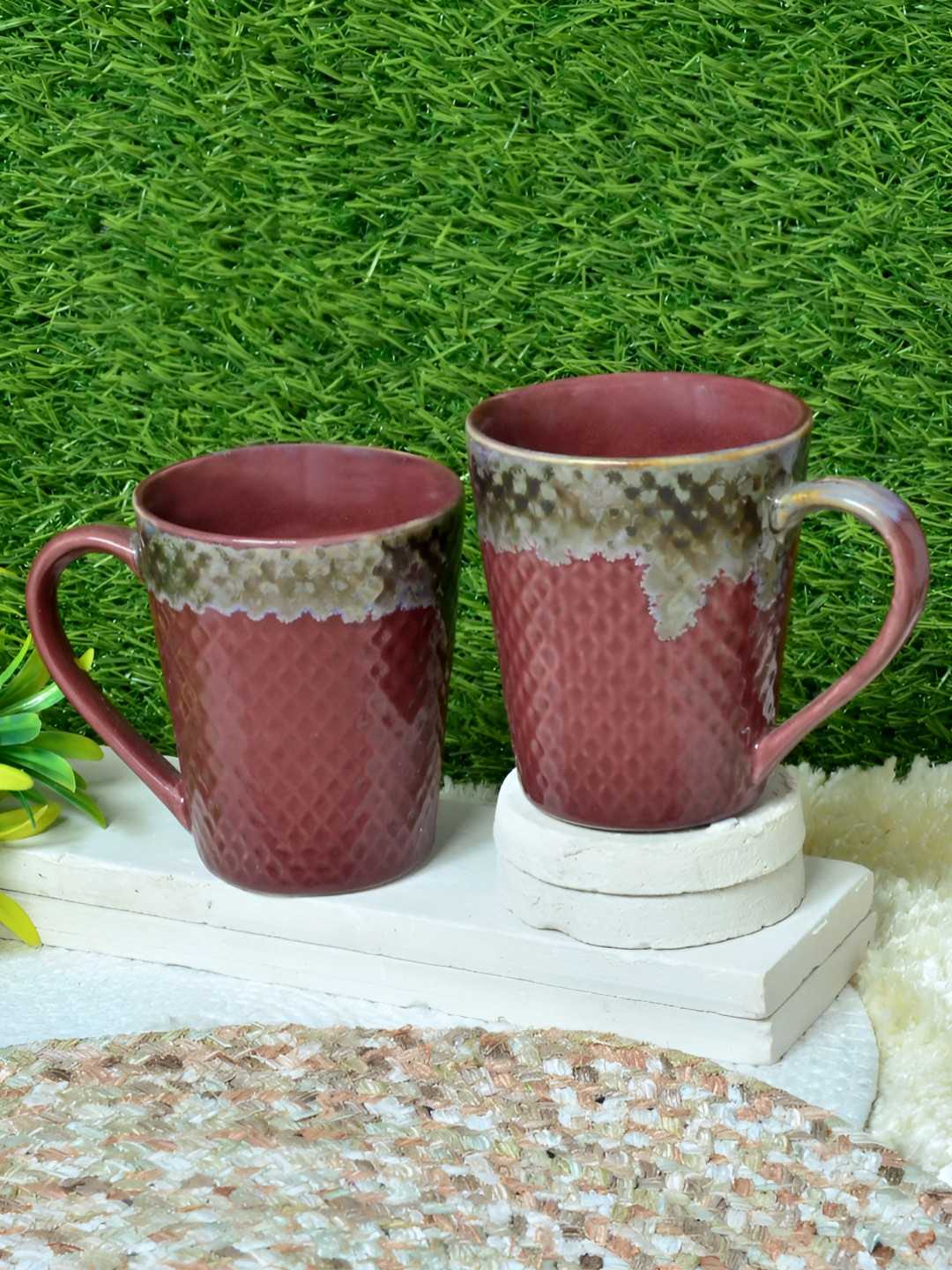 Myntra Elegant Homes Best Coo Maroon Textured Ceramic Handmade 2 Piece Mugs-270ml