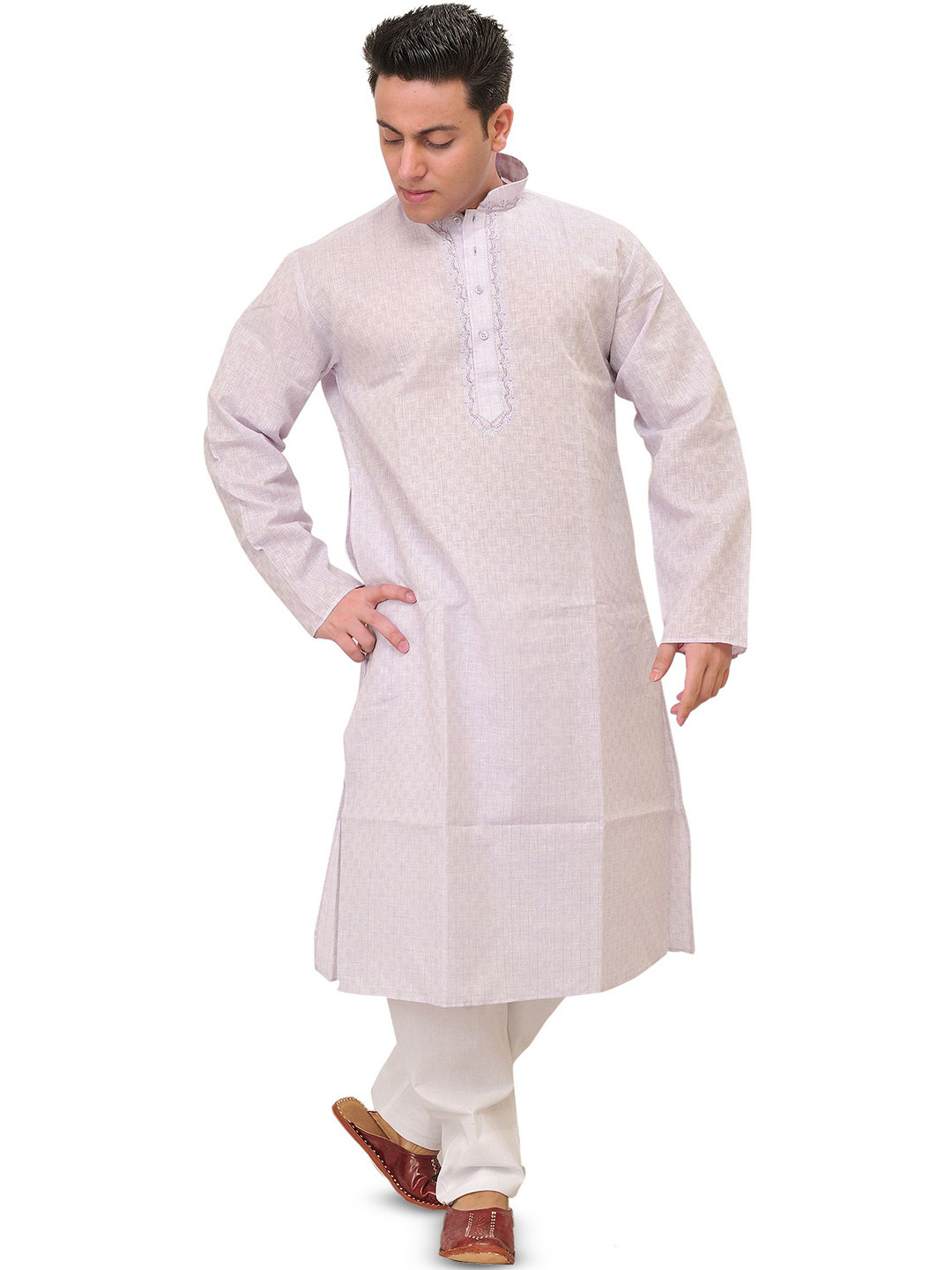 Exotic India Pure Cotton And Polyester Kurta Pajama with Woven Check And Thread Embroidery