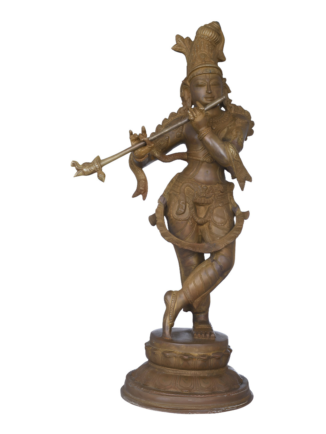 Exotic India Fluting Krishna Gold Brass Metallic Prayer Room Hand Made Medium Showpiece - 22.2 Inches