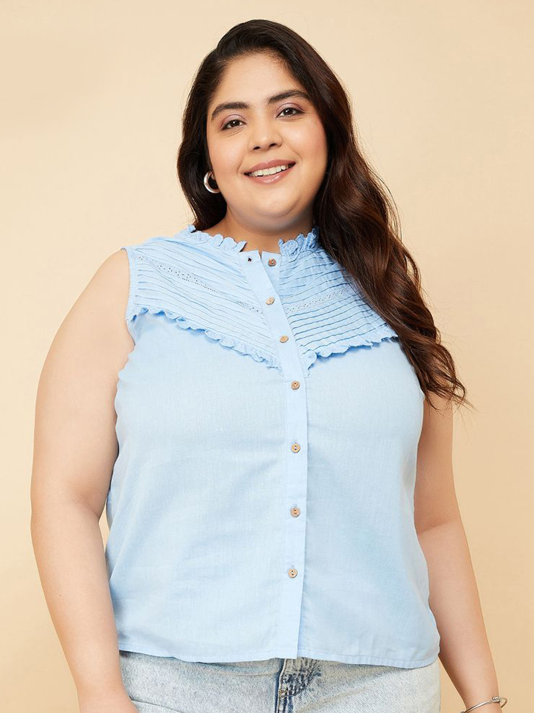 max Women Solid Mandarin Collar Shirt Style Top