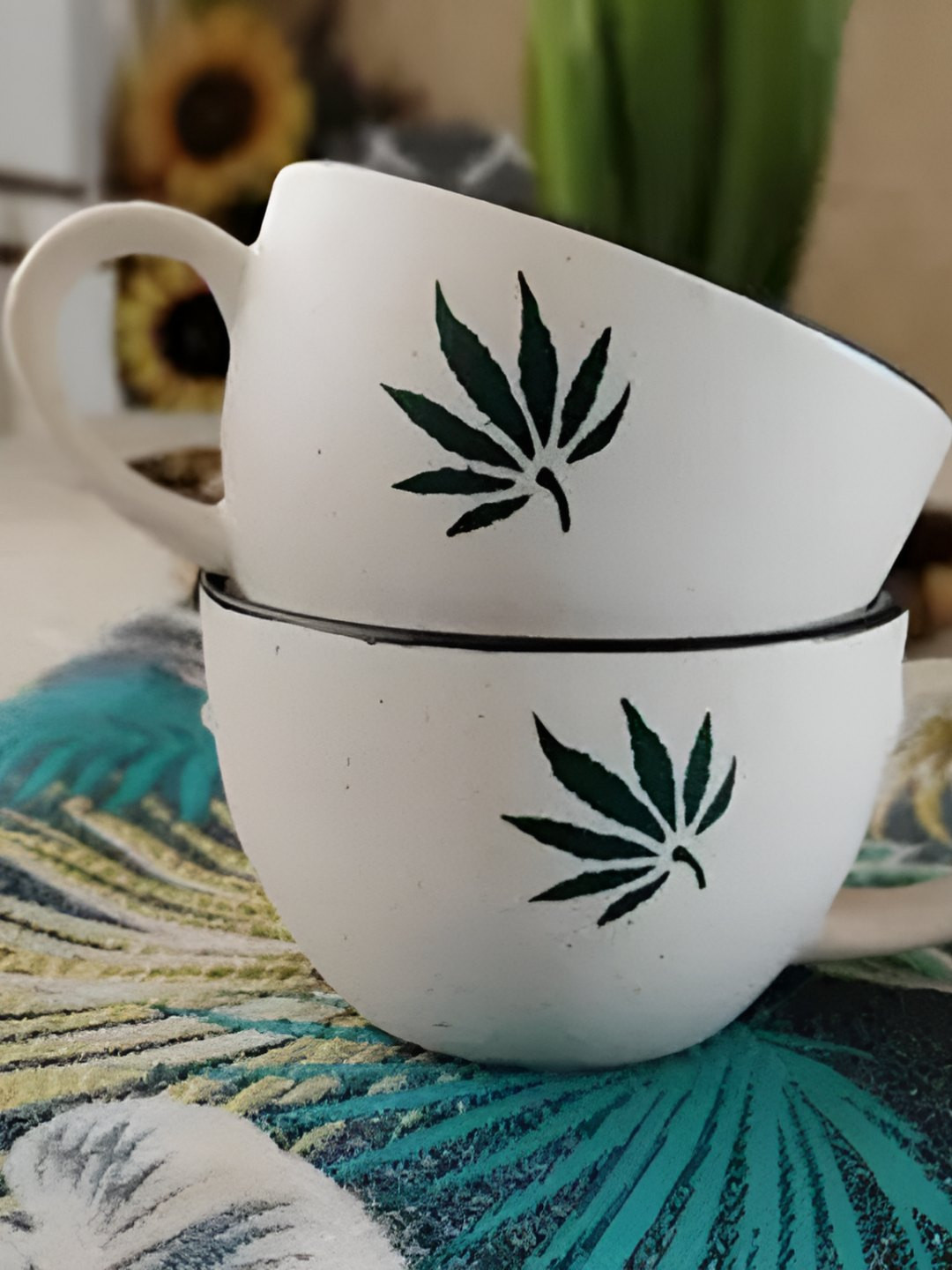 Calcine Industries White & Green 2 Pieces Printed Ceramic Microwave Safe Matte Dip Bowls