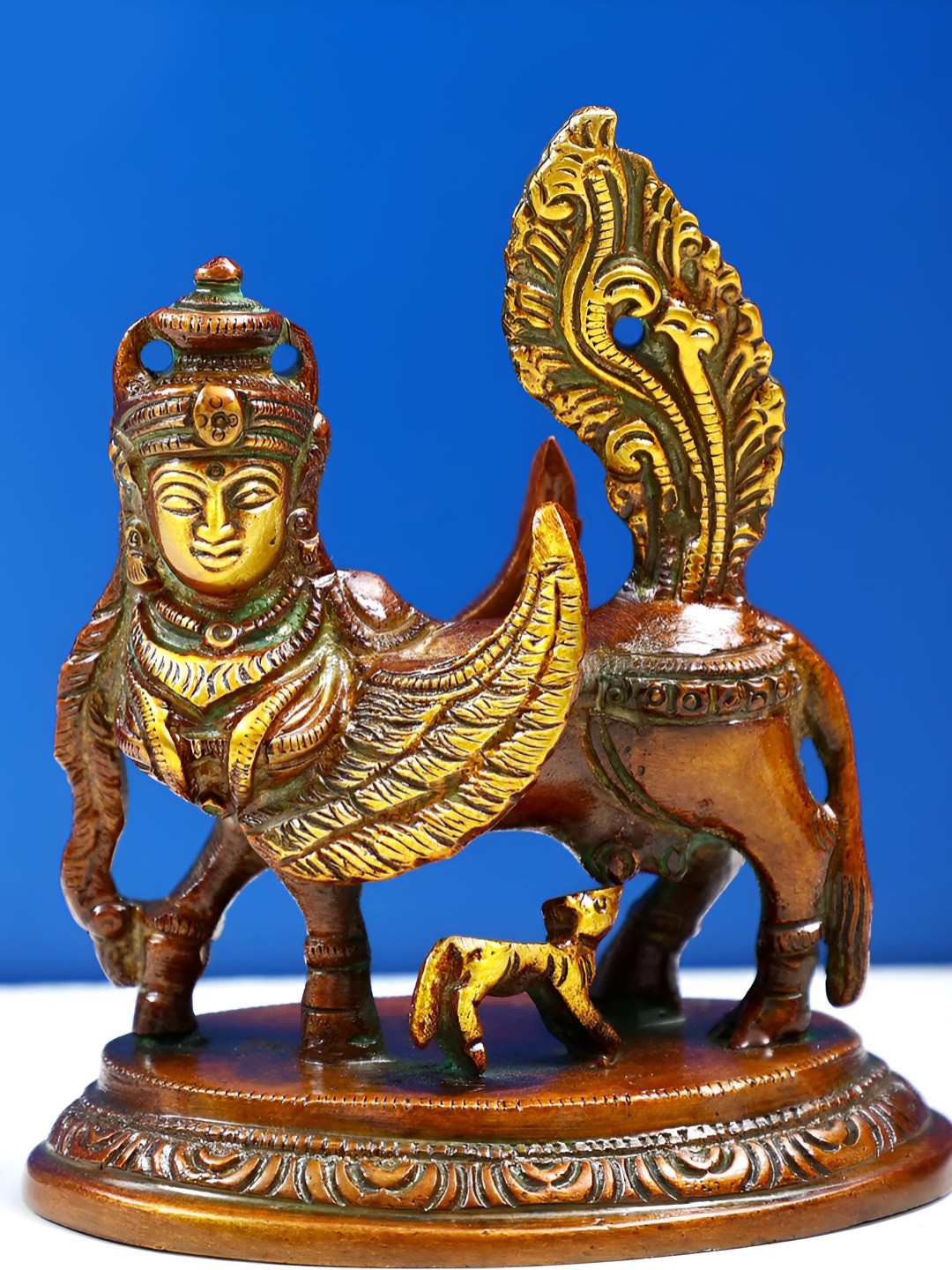 Exotic India Kamadhenu Cow Gold Brass Metallic Prayer Room Hand Made Medium Showpiece - 4.5 Inches