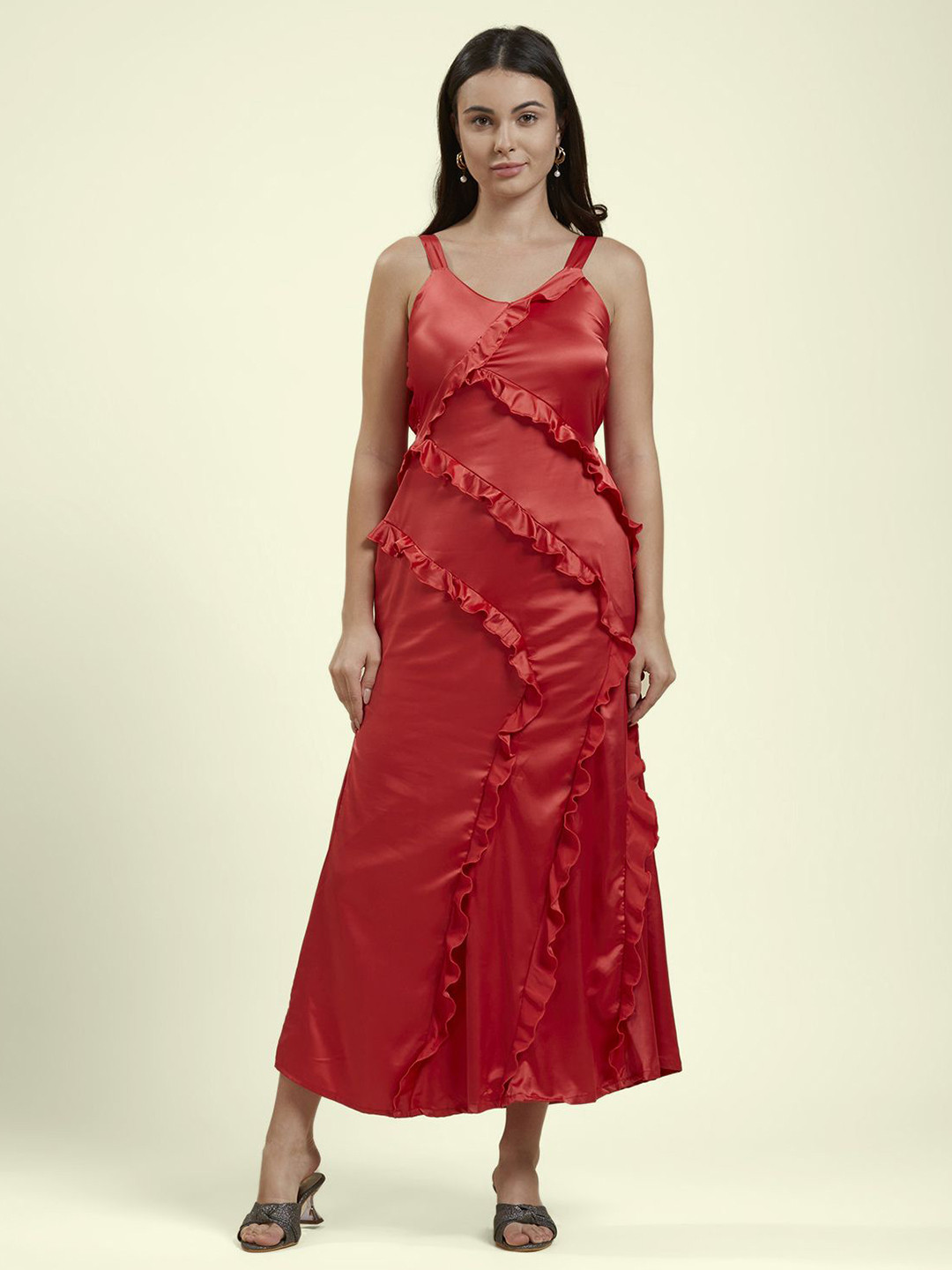 Noroke Women Ruffled V-Neck Shoulder Straps Maxi Dress