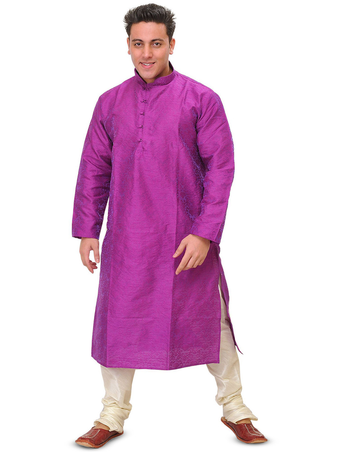 Exotic India Men Solid Mandarin Collar Kurta Pajama Wedding Set with Woven Floral Motifs