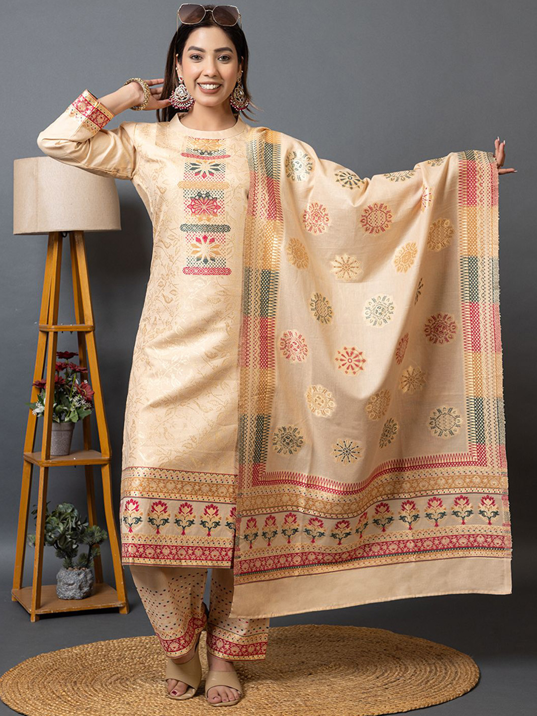 KIDAR Floral Self Design Round Neck Straight Cotton Silk Kurta With Trousers & Dupatta