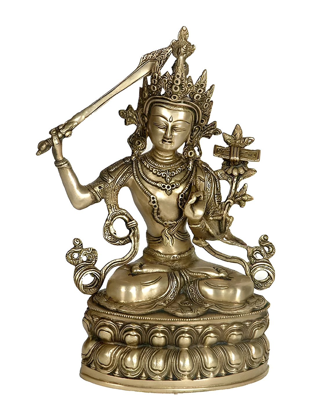 Exotic India Tibetan Buddhist Deity Gold Brass Metallic Prayer Room Medium Showpiece - 13 Inches