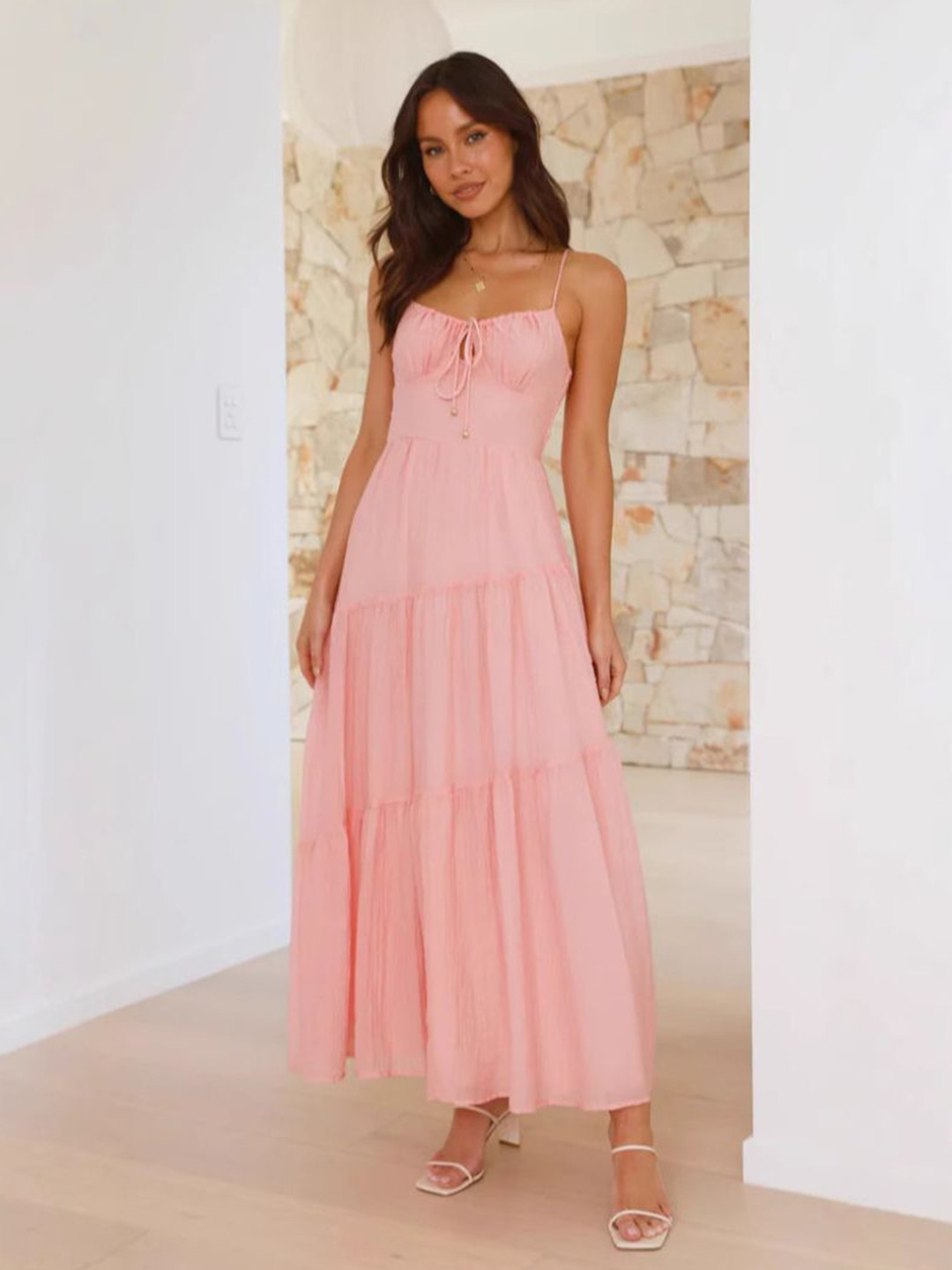 bebe Pink Tie-Front Bust Spaghetti Strap Fit & Flare Tiered Maxi Dress