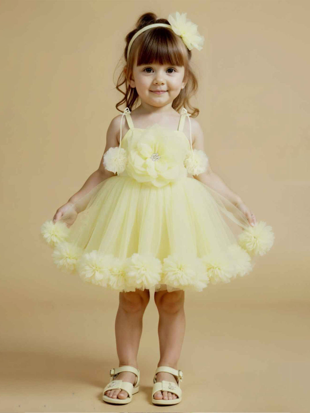 Lagorii Girls Lemon Sleeveless And Floral Embelllished Net Frock