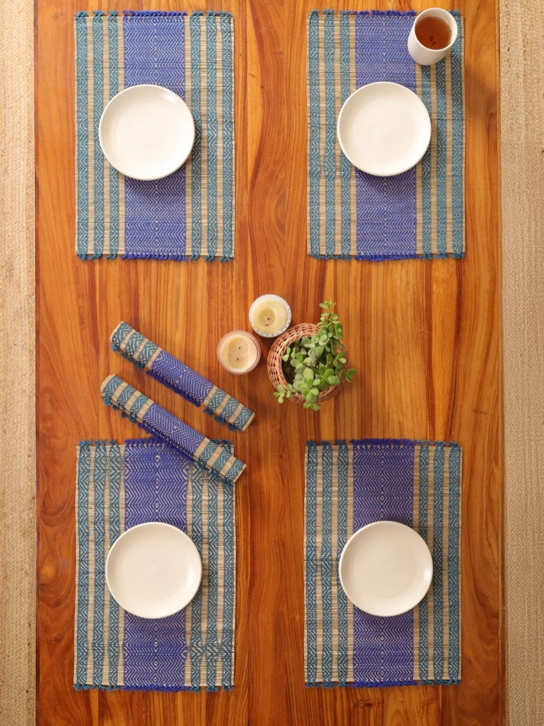 Peepul Tree 6Pcs Teal-Blue & Blue Textured Table Placemats