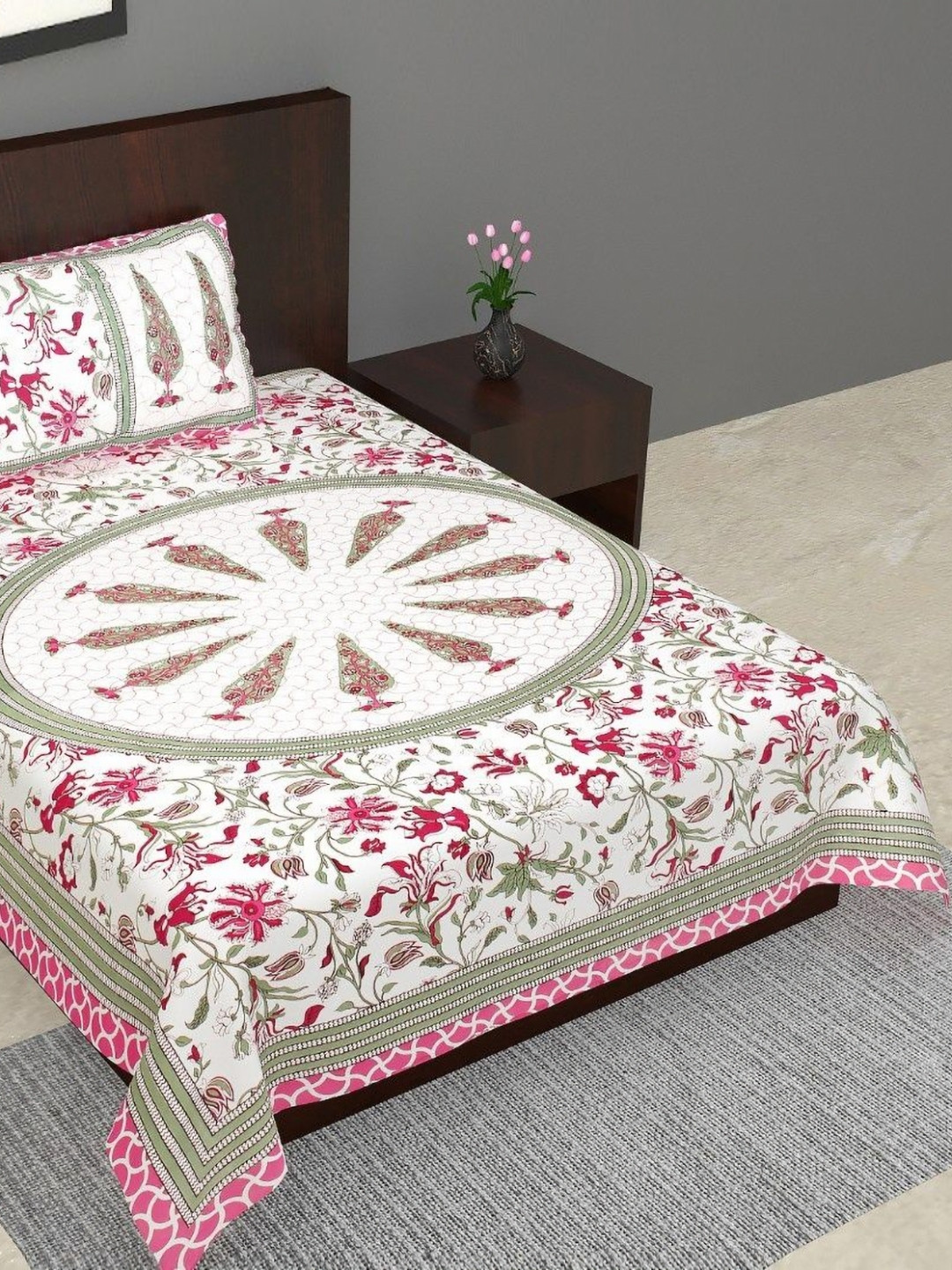 Salgia Boota White Floral Cotton 210 TC Single Fine Bedsheet with a Pillow Cover-87 x 59 inches