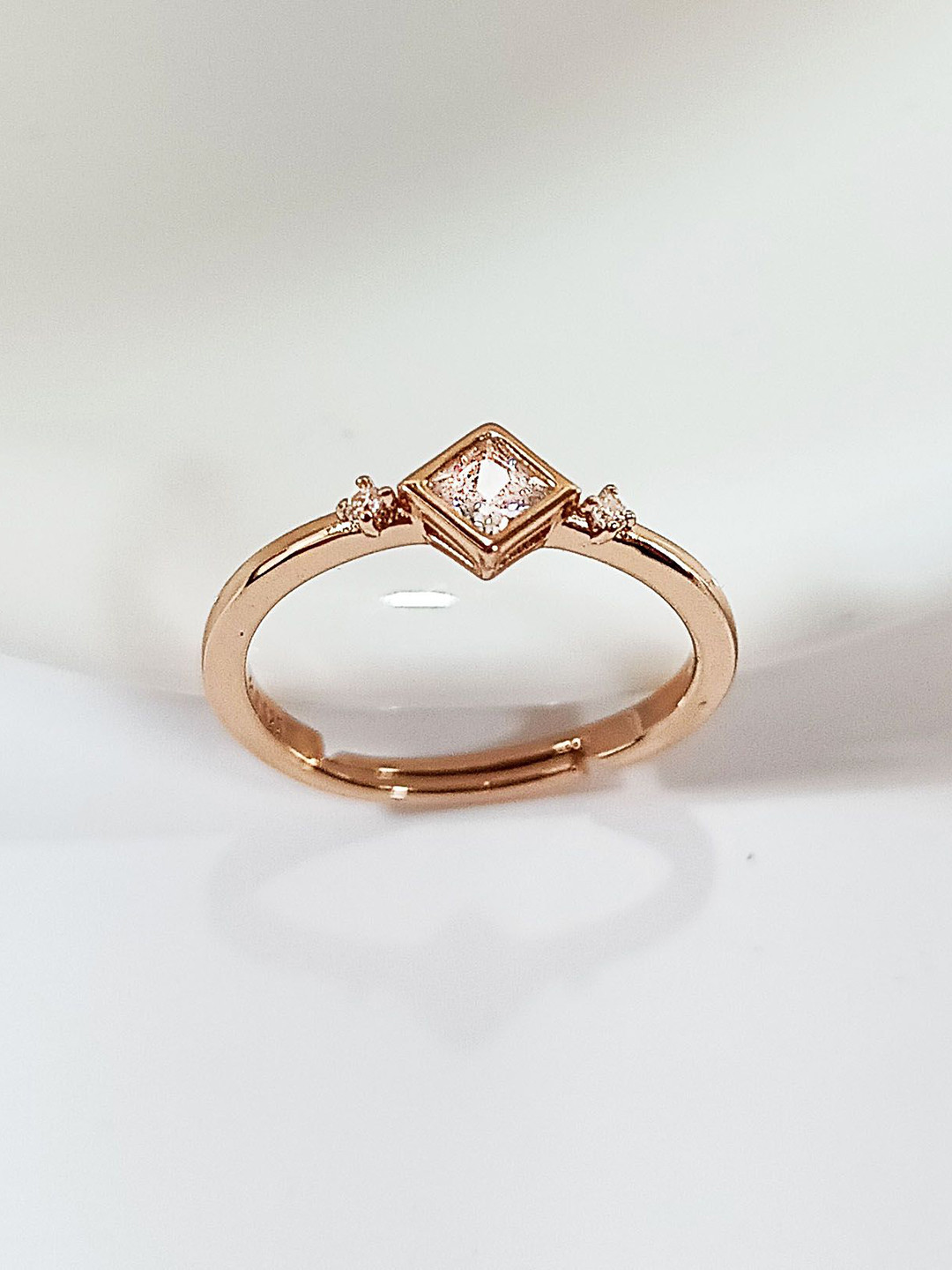 INARI SHINES 925 Silver Rose Gold-Plated CZ Studded Adjustable Dainty Square Finger Ring