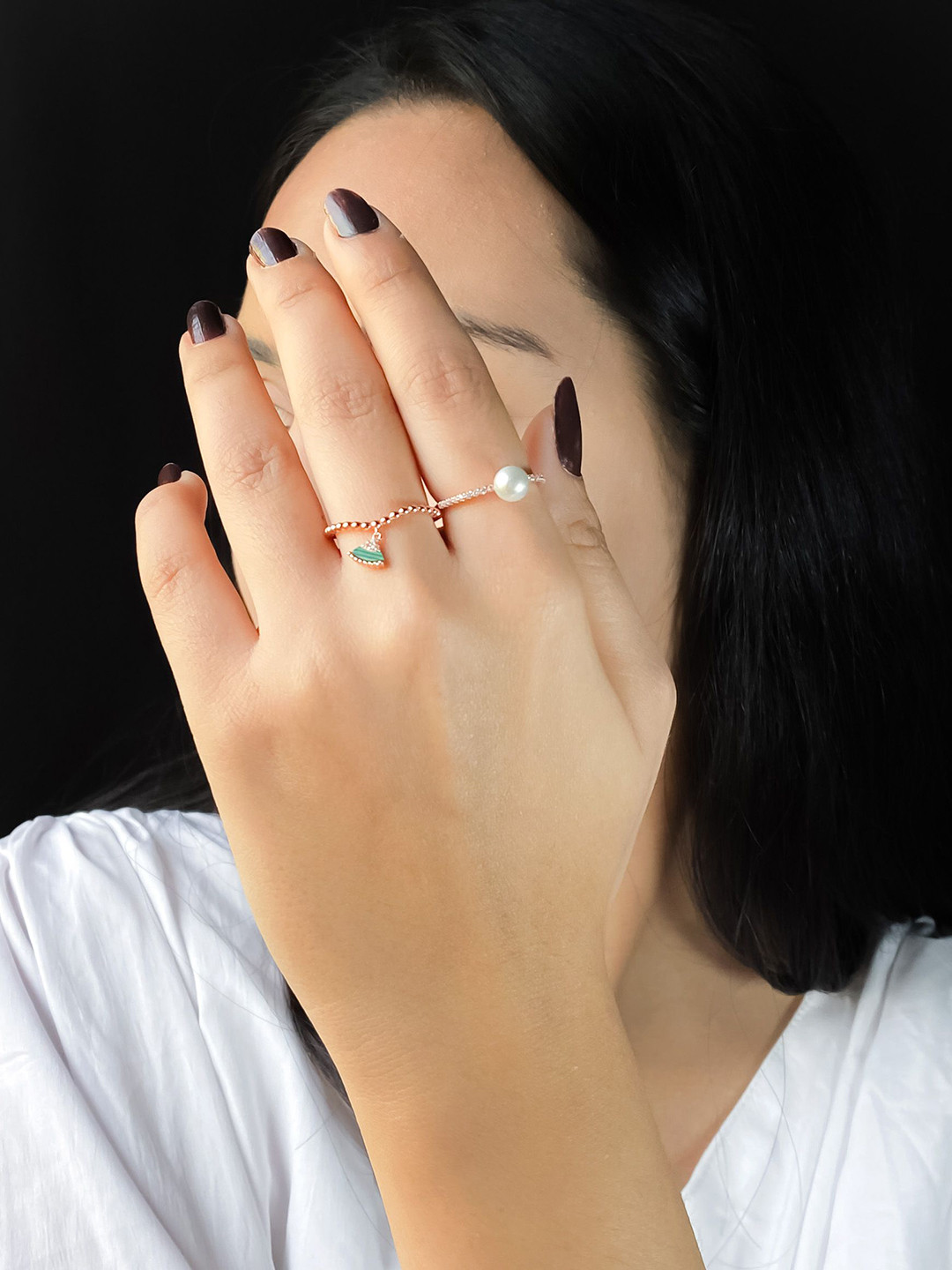 925 Silver Rose Gold-Plated Stone & Pearl Studded Stackable Green Charm Finger Ring