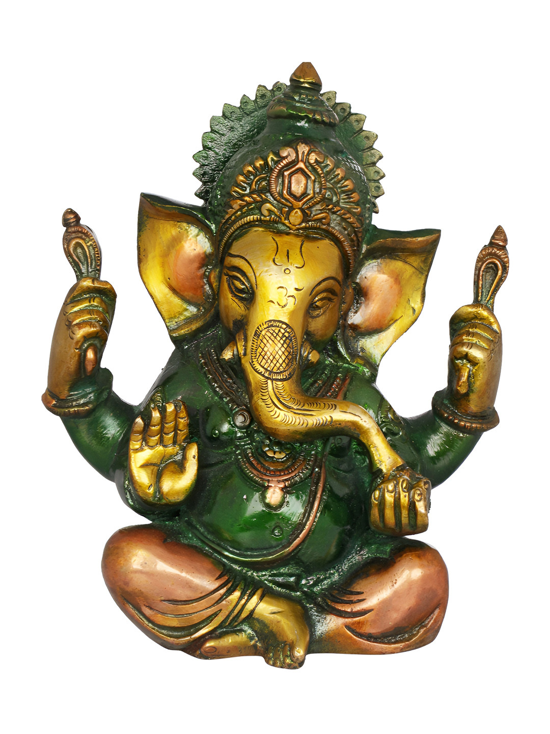 Exotic India Lord Ganesha in Ashirwad Mudra Green Brass Metallic Prayer Room Hand Made Medium Showpiece - 2.8 Inches