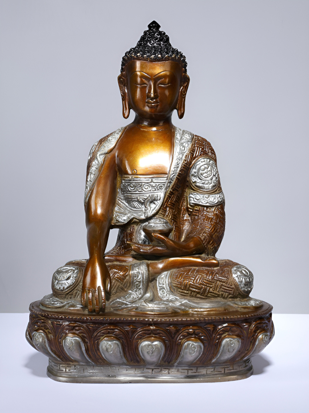 Exotic India Lord Buddha Seated in Bhumisparsha Mudra Brown Brass Metallic Living Room Small Showpiece - 12.2 Inches