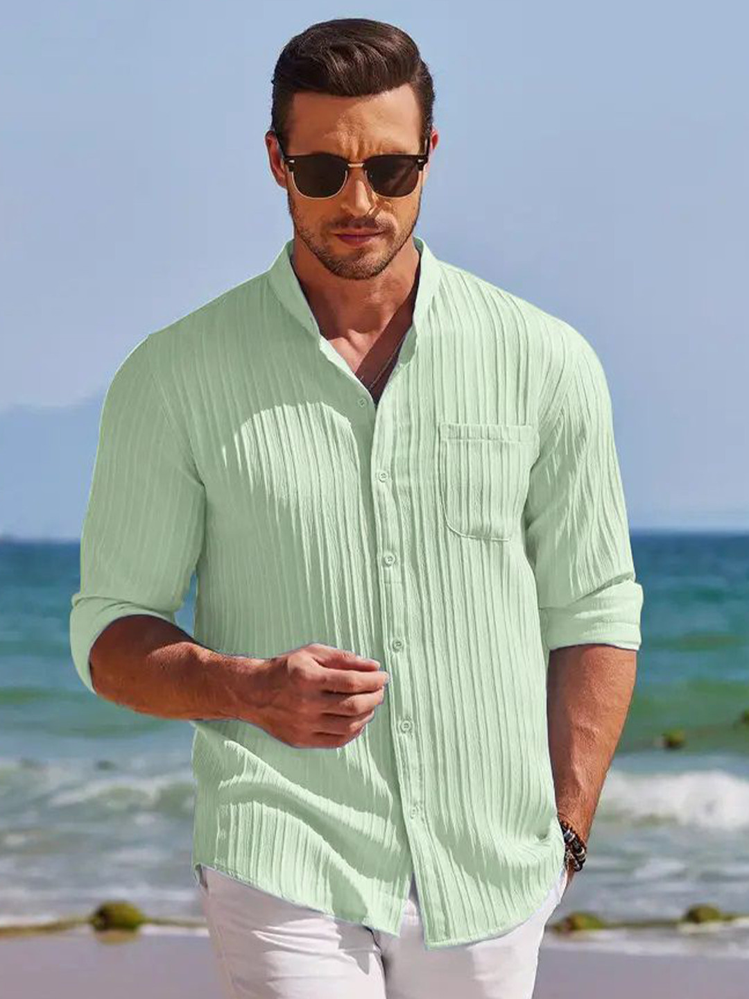 SZN Men Textured Mandarin Collar Casual Shirt