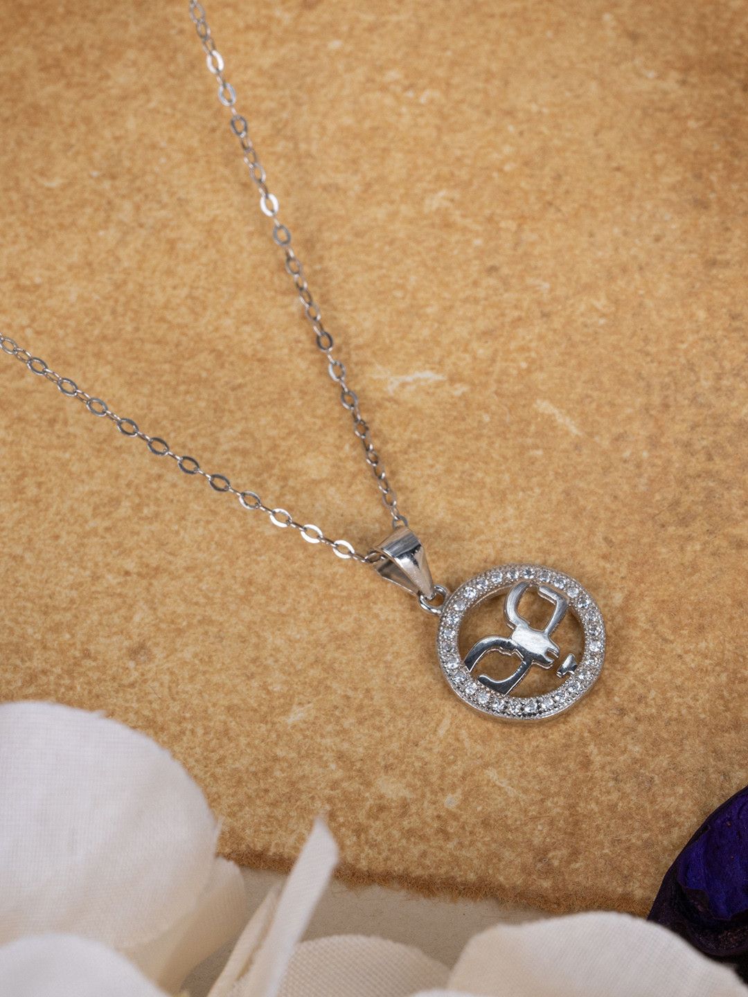 GLYTERS Sterling Silver Artificial Stones Studded Contemporary Lydia Pendant With Chain