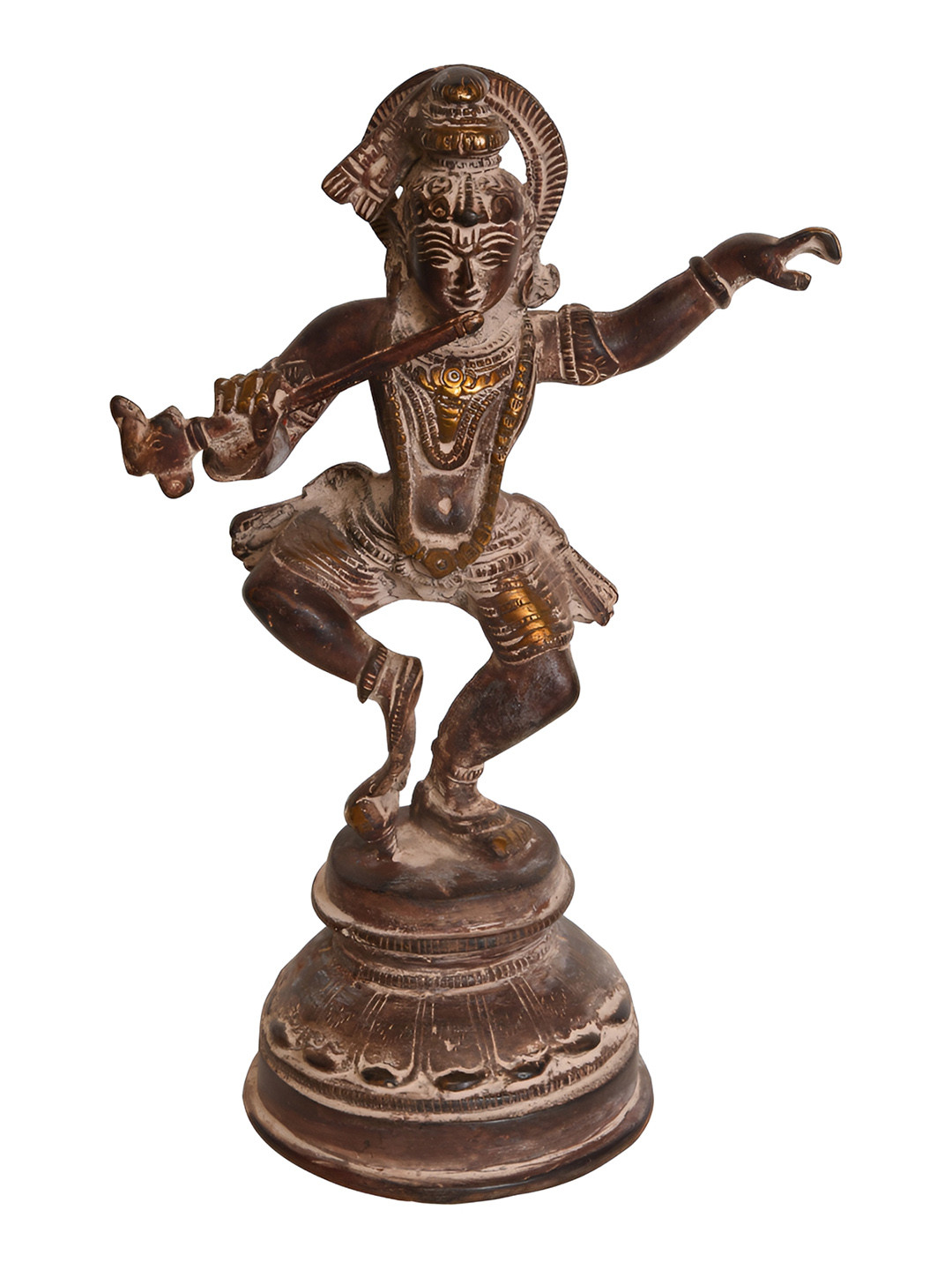 Exotic India Dancing and Fluting Krishna Gold Brass Metallic Living Room Hand Made Medium Showpiece - 8.8 Inches