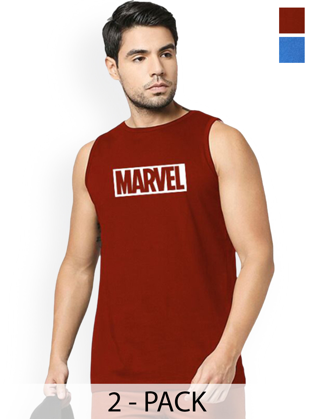 Organic Chics Pack Of 2 Printed Cotton Tank Vests Maroon Marvel - Royal Infinity_S