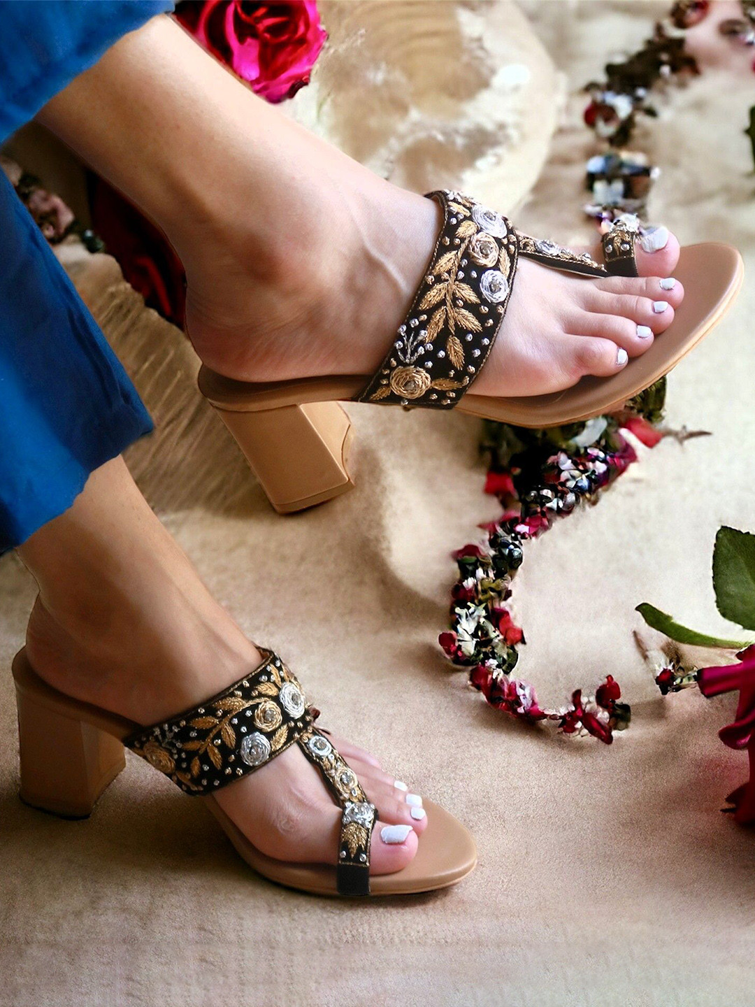 Amaryllis for her Embellished Round Toe PU Block heel sandals for women