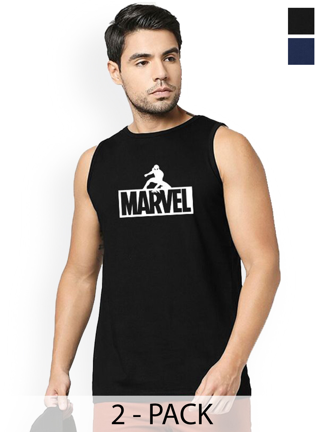 Organic Chics Pack Of 2 Printed Cotton Tank Vests Navy Avenger - Black Spider_S