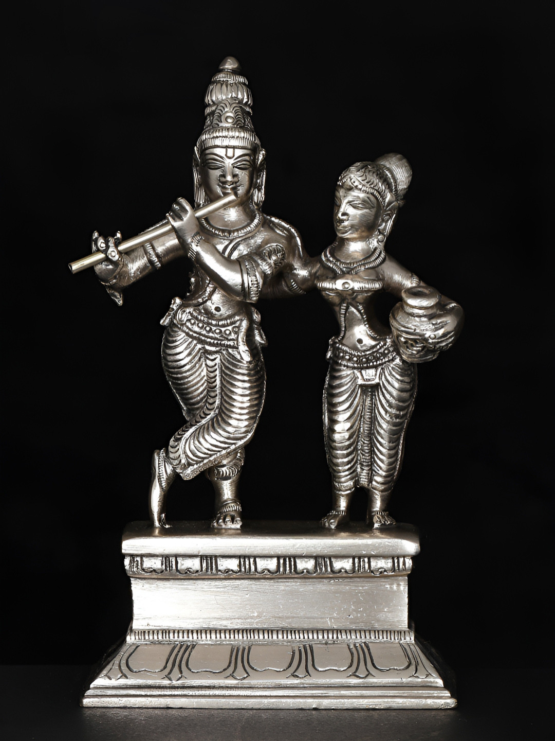 Exotic India Radha Krishna Silver Brass Metallic Prayer Room Medium Showpiece - 6.3 Inches