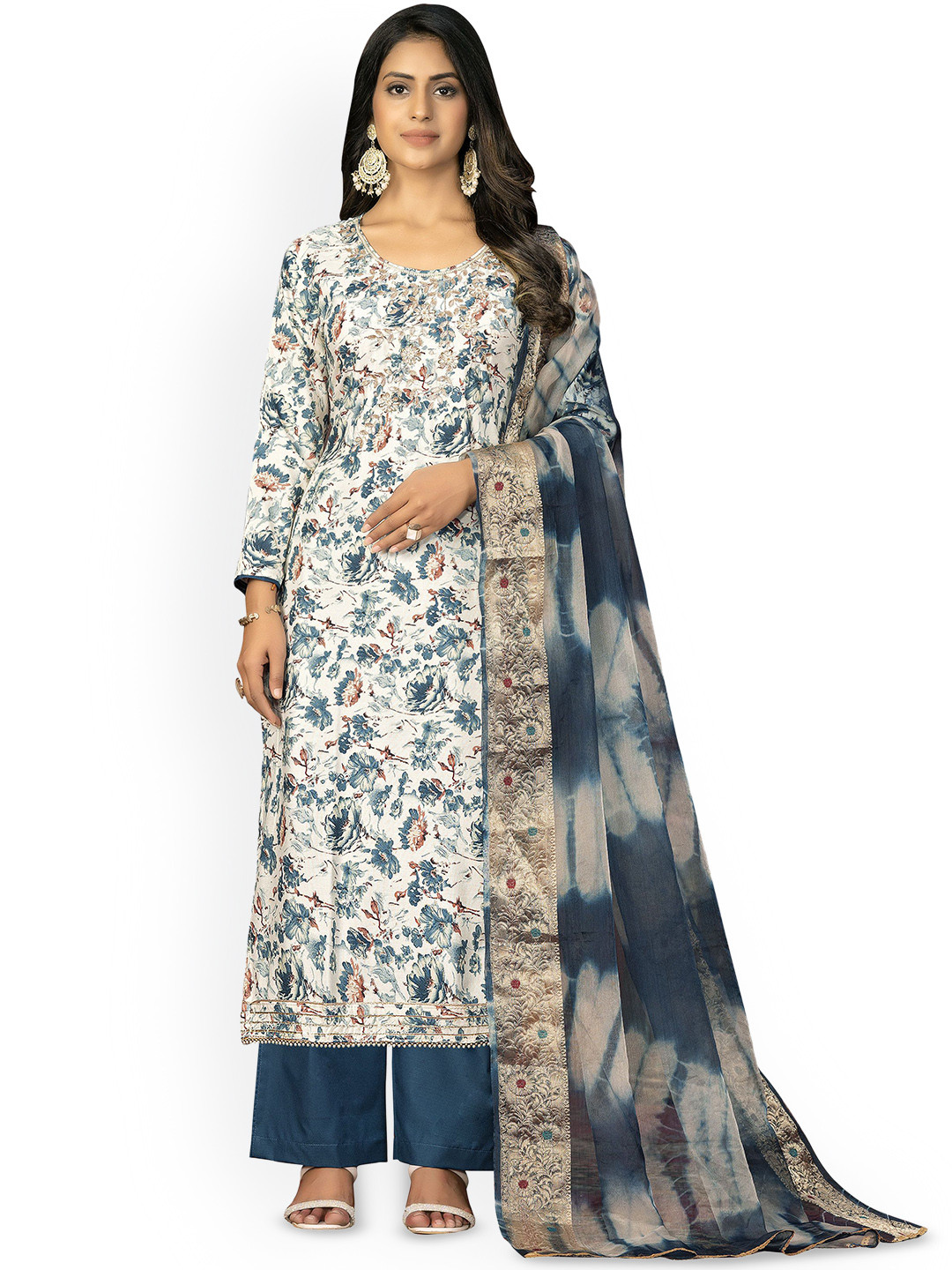 HERE&NOW Floral Printed Beads And Stones Jam Cotton Unstitched Dress Material