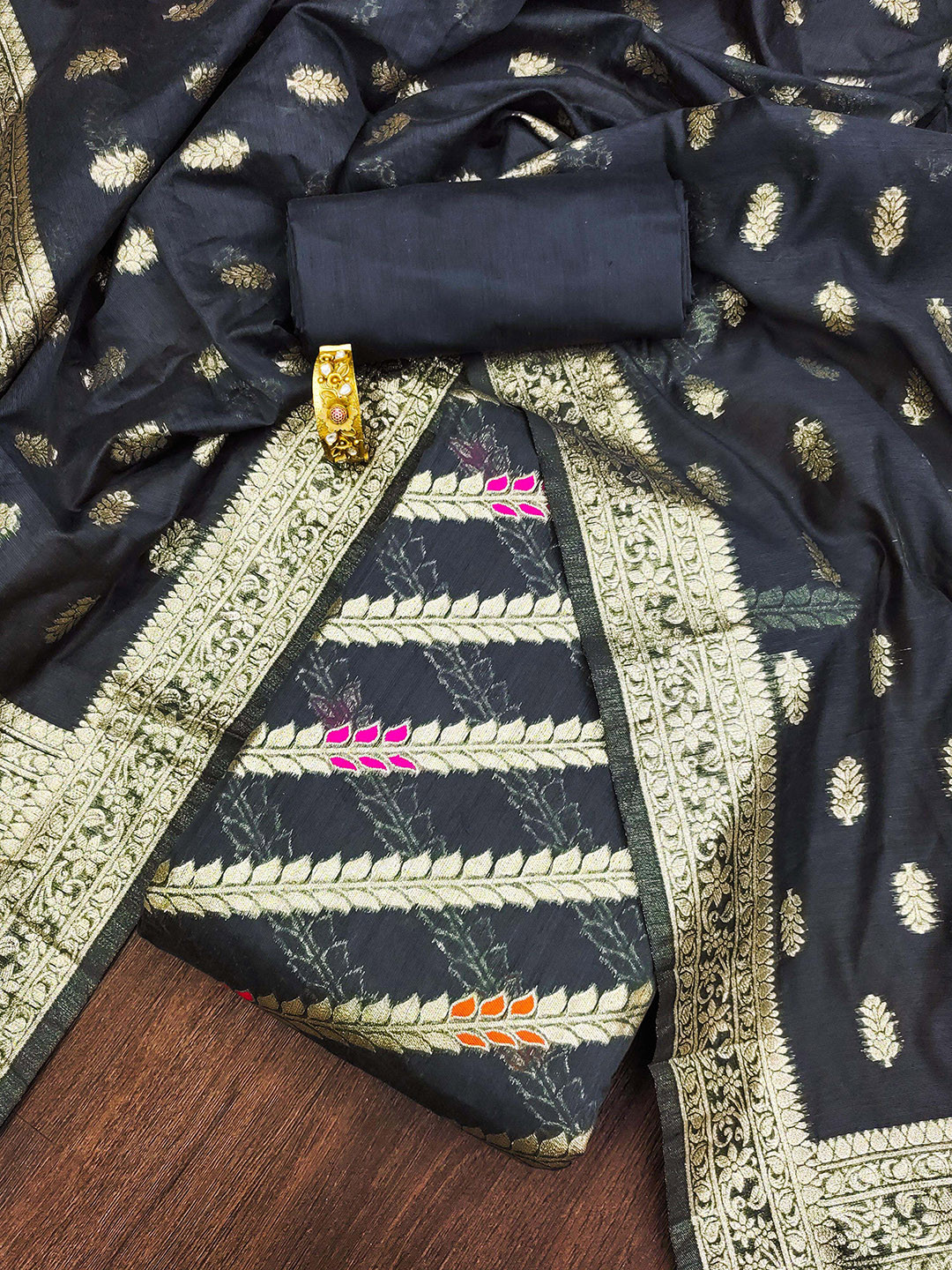 HERE&NOW Floral Woven Design Zari Work Spun Cotton Unstitched Dress Material