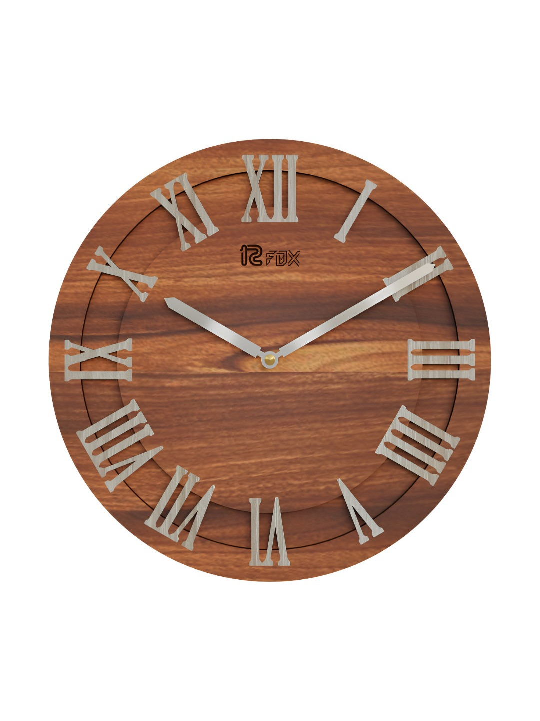 12 fox Brown & Grey Contemporary Analogue Round Wooden Wall Clock