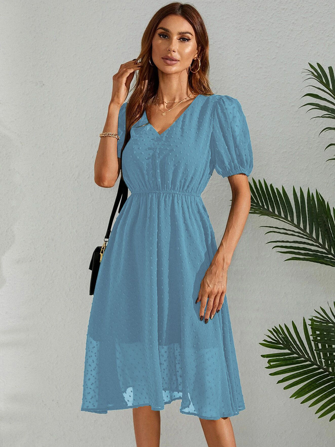 FERY LONDON Self Design  Puff Sleeve Fit & Flare Dress