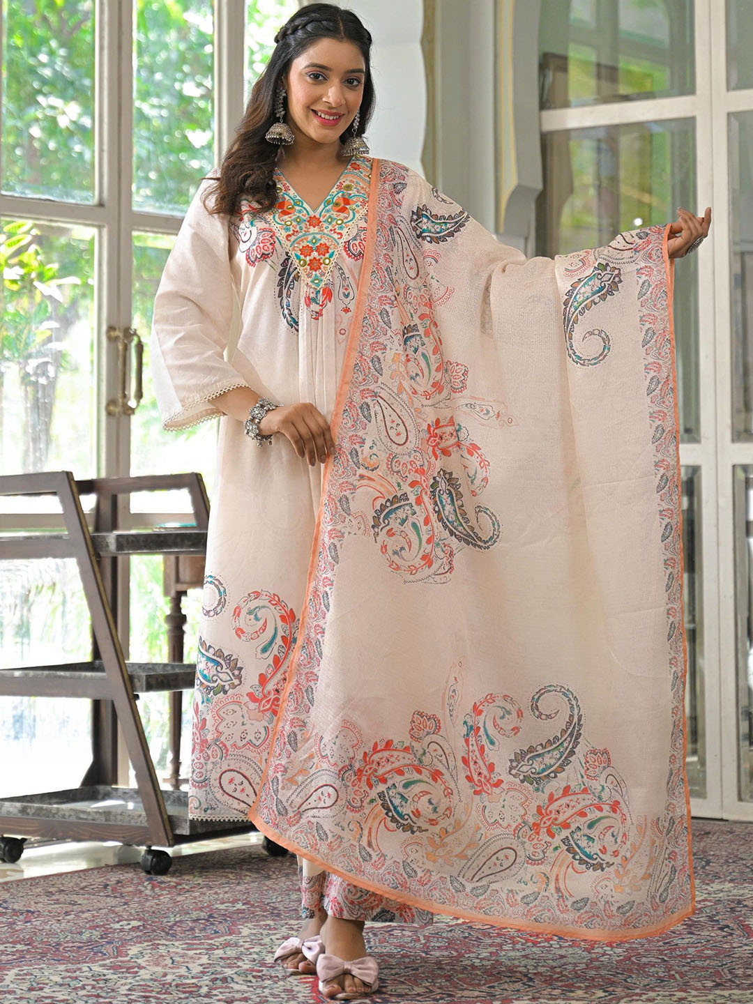 AUTUMN LANE Women Ethnic Motifs Mirror Work Lakshita Caramel Printed Cotton Suit Set