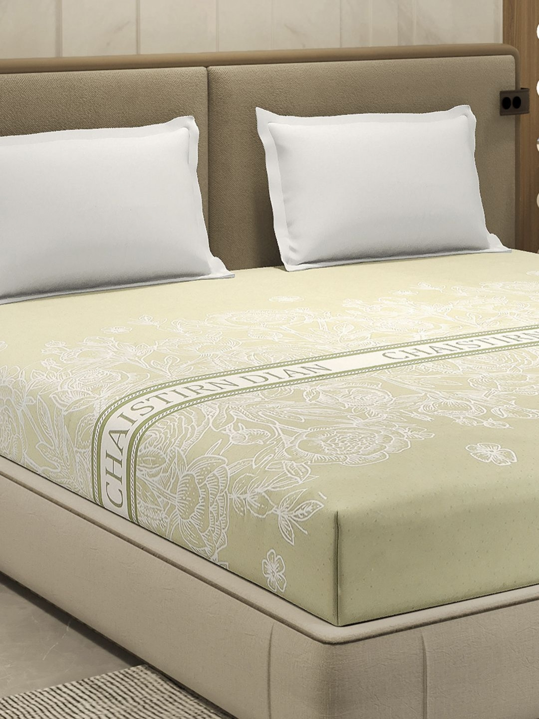 Monte Carlo Beige & White Printed Cotton 110 TC Queen Bedsheet Set 2.3 m x 2.5 m