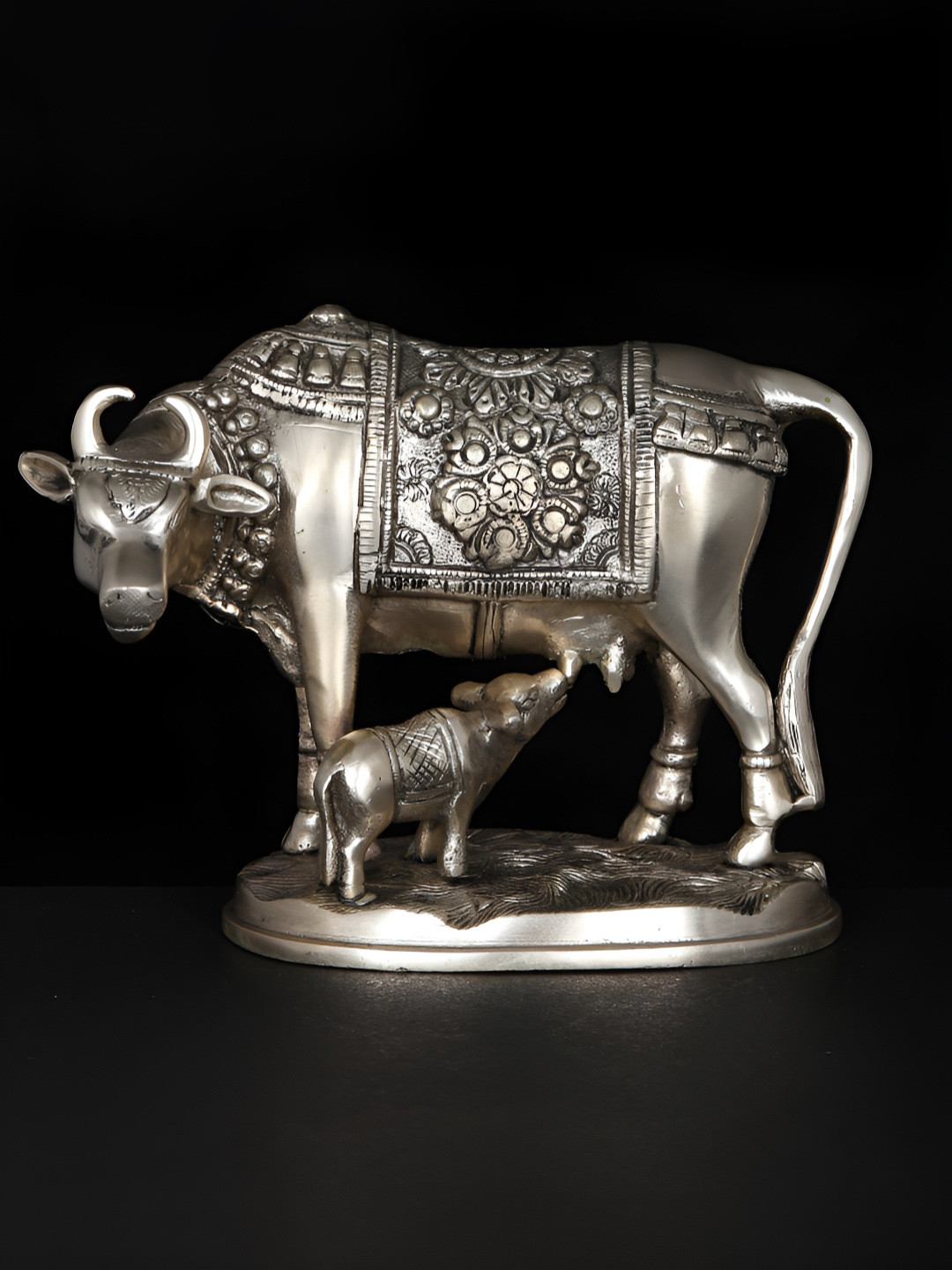 Exotic India Cow and Calf Silver Brass Metallic Prayer Room Medium Showpiece - 5 Inches