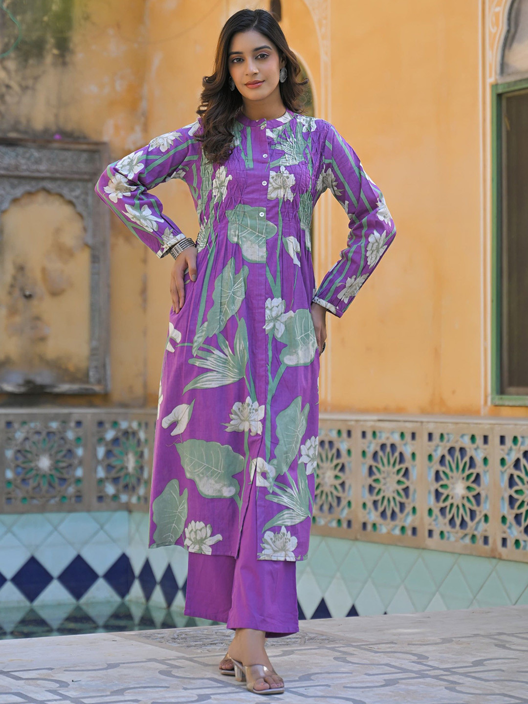 AUTUMN LANE Yutika Orchid Floral Printed Mandarin Collar Pure Cotton Kurta With Palazzos