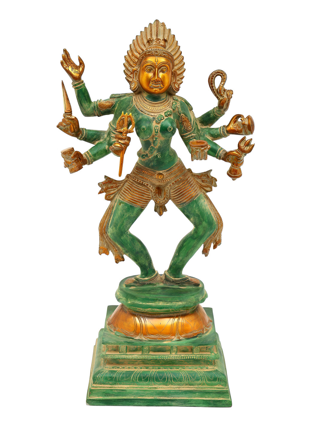 Exotic India Eight Armed Goddess Kali Green Brass Metallic Prayer Room Medium Showpiece - 23 Inches